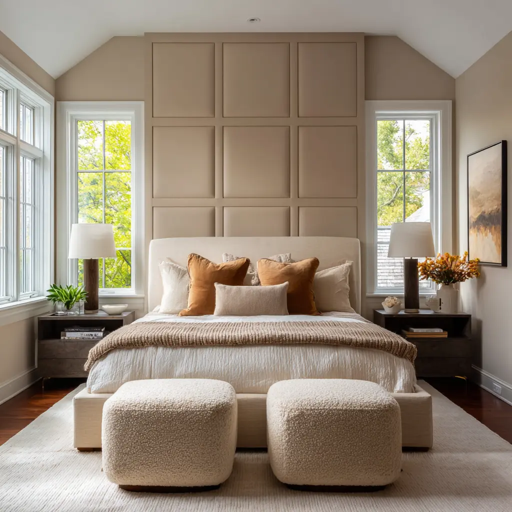 greige bedroom with tall paneled feature wall, creamy upholstered bed, cinnamon-caramel pillows, dark wood accents, soft ottomans