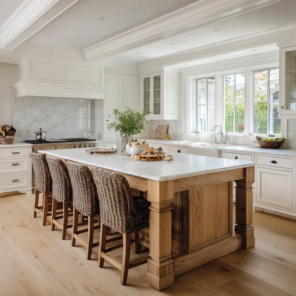 large timber furniture type kitchen island with carved corner posts, broad pale marble top, woven stools, and a bright formal kitchen large timber furniture type kitchen island with carved corner posts, broad pale marble top, woven stools, and a bright formal kitchen