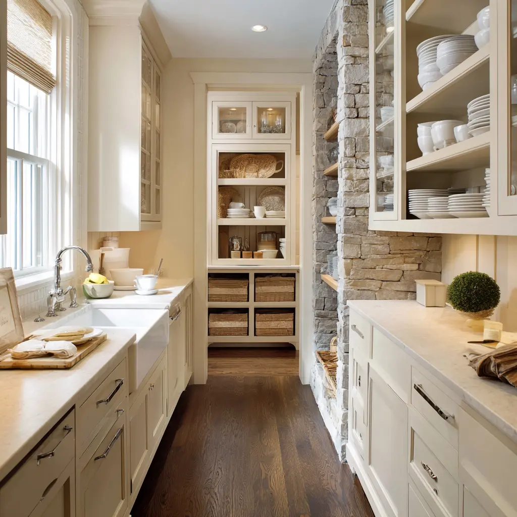 layered scullery with pale paneled cabinetry, stone divider wall, farmhouse sink under window, glazed cabinets layered scullery with pale paneled cabinetry, stone divider wall, farmhouse sink under window, glazed cabinets