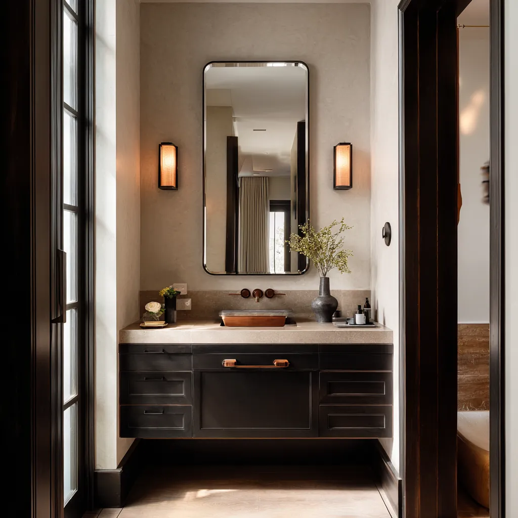 moody Colonial bathroom with a floating dark wood vanity, warm stone counter, rounded-rectangle mirror, amber sconces moody Colonial bathroom with a floating dark wood vanity, warm stone counter, rounded-rectangle mirror, amber sconces