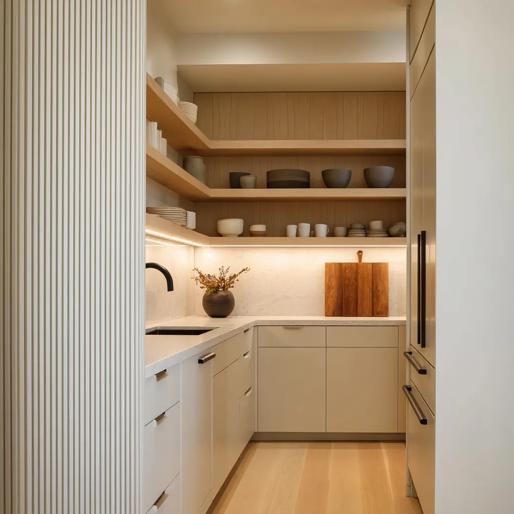 narrow scullery with wood-backed open shelves, under-shelf lighting, pale counters, dark hardware, fluted side panel