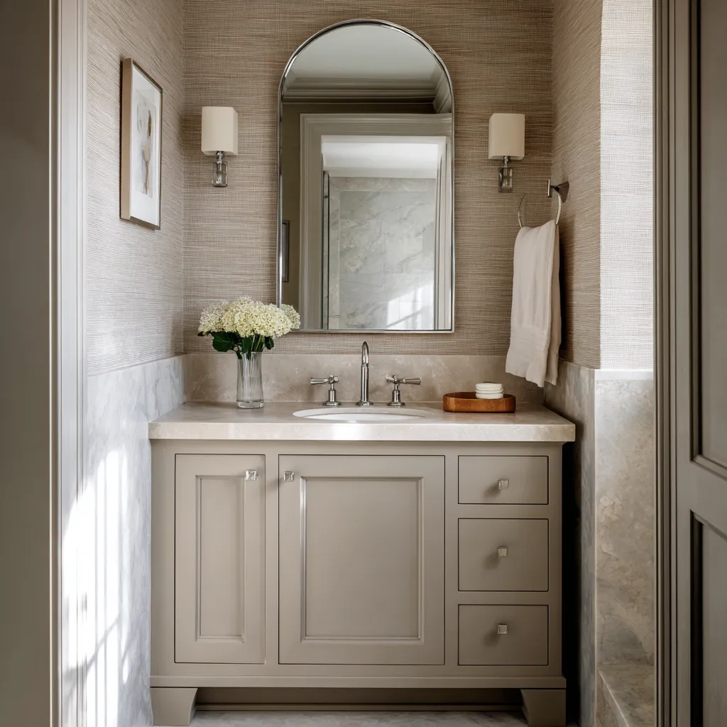 neutral Colonial bathroom with textured wallcovering, an arched mirror, pale paneled vanity, light stone, compact sconces neutral Colonial bathroom with textured wallcovering, an arched mirror, pale paneled vanity, light stone, compact sconces