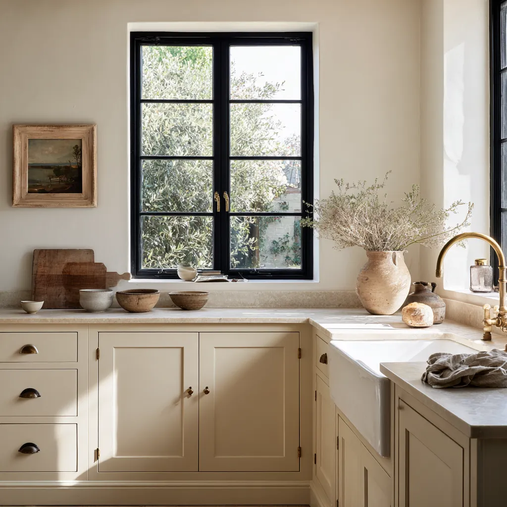 neutral shabby chic kitchen design with creamy panel-front cabinets and tall black-framed windows neutral shabby chic kitchen design with creamy panel-front cabinets and tall black-framed windows