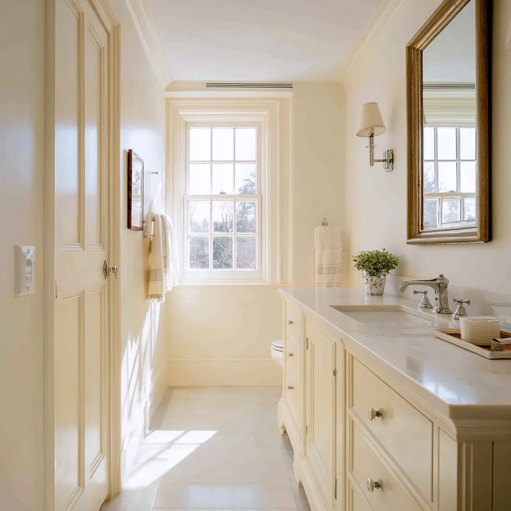 off-white paneled vanity, warm wood-framed mirror, pale stone counter, simple sconce, and a window anchoring the far end off-white paneled vanity, warm wood-framed mirror, pale stone counter, simple sconce, and a window anchoring the far end
