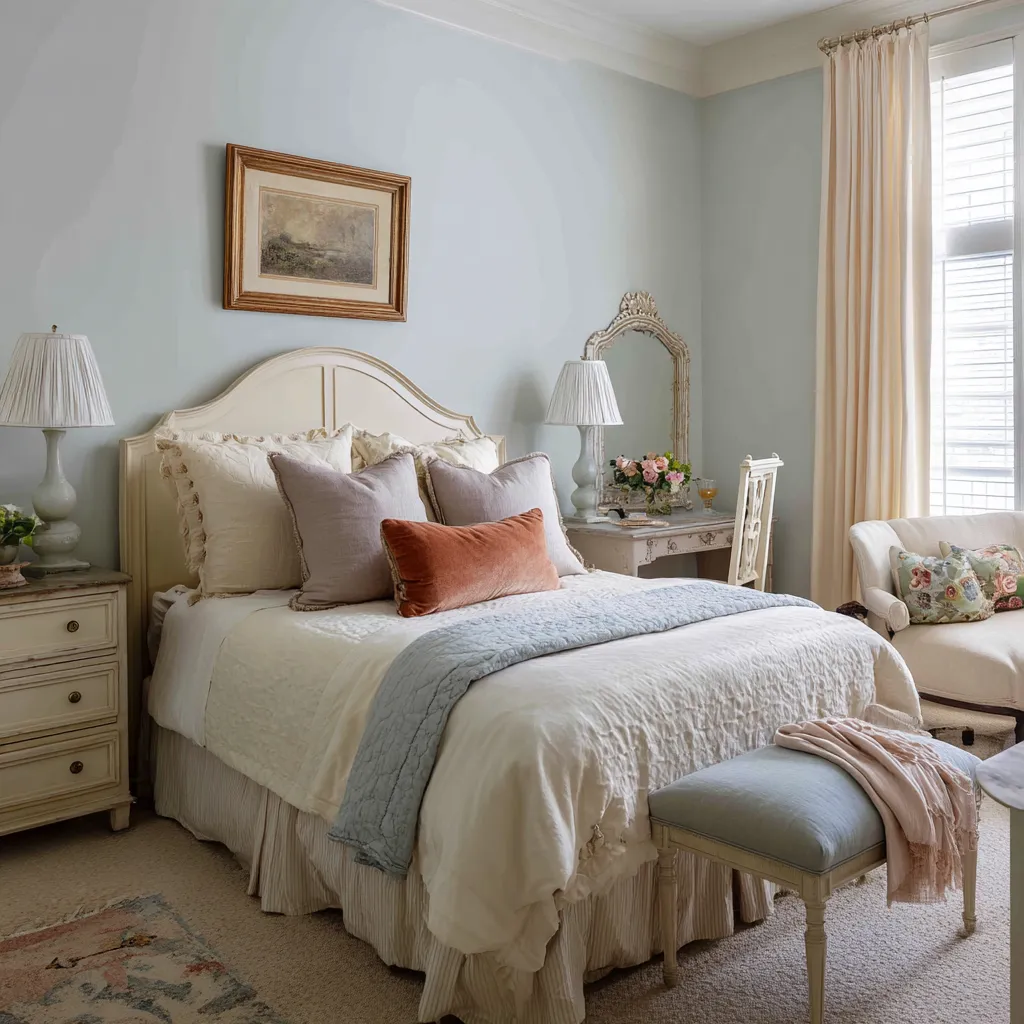 pale blue walls, an arched painted headboard, layered white bedding, striped bed skirt, lilac and rust accent pillows pale blue walls, an arched painted headboard, layered white bedding, striped bed skirt, lilac and rust accent pillows