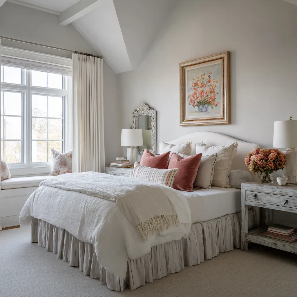 pale gray walls shabby chic bedroom with a pitched ceiling, a soft arched headboard, layered white bedding, coral-pink accent pillows pale gray walls shabby chic bedroom with a pitched ceiling, a soft arched headboard, layered white bedding, coral-pink accent pillows