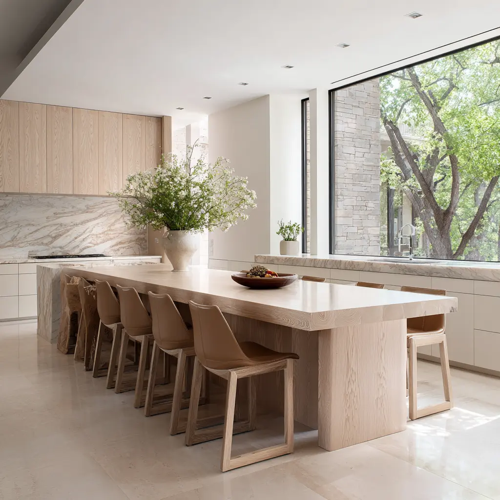 pale wood kitchen island with thick supports, generous seating overhang, warm-toned chairs pale wood kitchen island with thick supports, generous seating overhang, warm-toned chairs