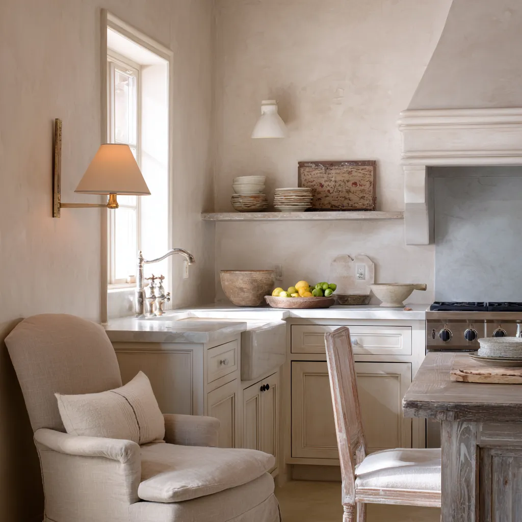 plastered kitchen with an upholstered armchair by the sink, a weathered wood table, a sculpted hood plastered kitchen with an upholstered armchair by the sink, a weathered wood table, a sculpted hood