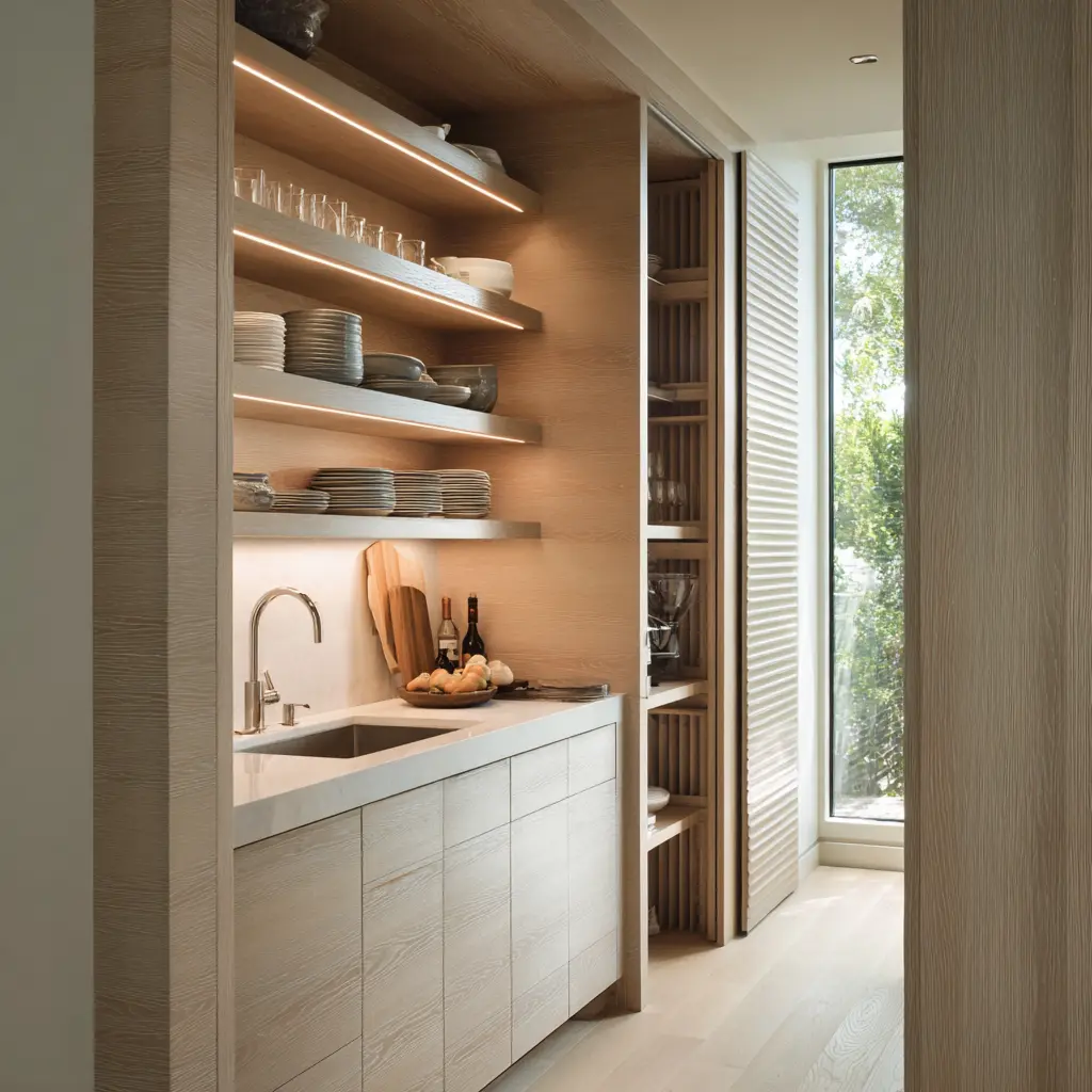 recessed scullery niche with wood-lined shelves, shelf lighting, pale backsplash, dark sink, screened side storage recessed scullery niche with wood-lined shelves, shelf lighting, pale backsplash, dark sink, screened side storage