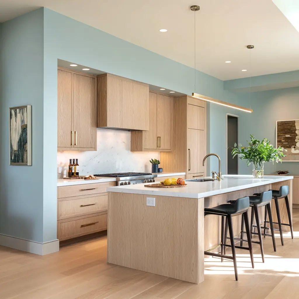 sea-salt blue wall kitchen with pale white-oak cabinets, slim brass pulls, pale stone slab backsplash, bright island top, black bar stools