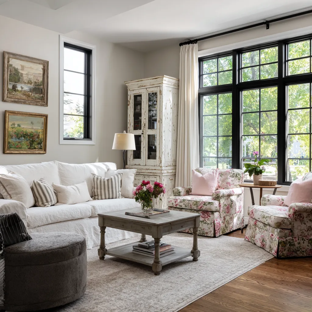 shabby chic living room with white slipcovered sofa, floral lounge chairs, distressed tall cabinet shabby chic living room with white slipcovered sofa, floral lounge chairs, distressed tall cabinet