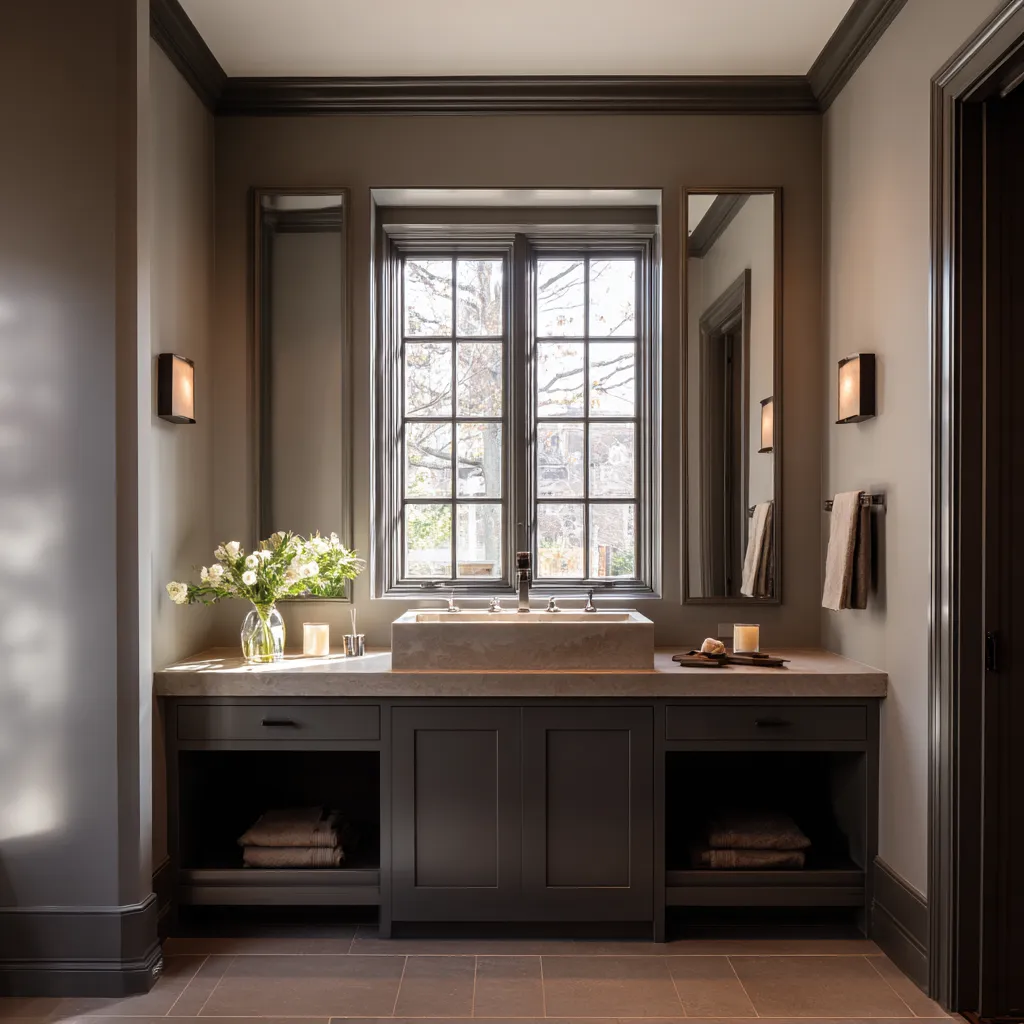 sink wall, dark paneled vanity, raised stone sink block, two tall side mirrors, and warm wall lighting sink wall, dark paneled vanity, raised stone sink block, two tall side mirrors, and warm wall lighting