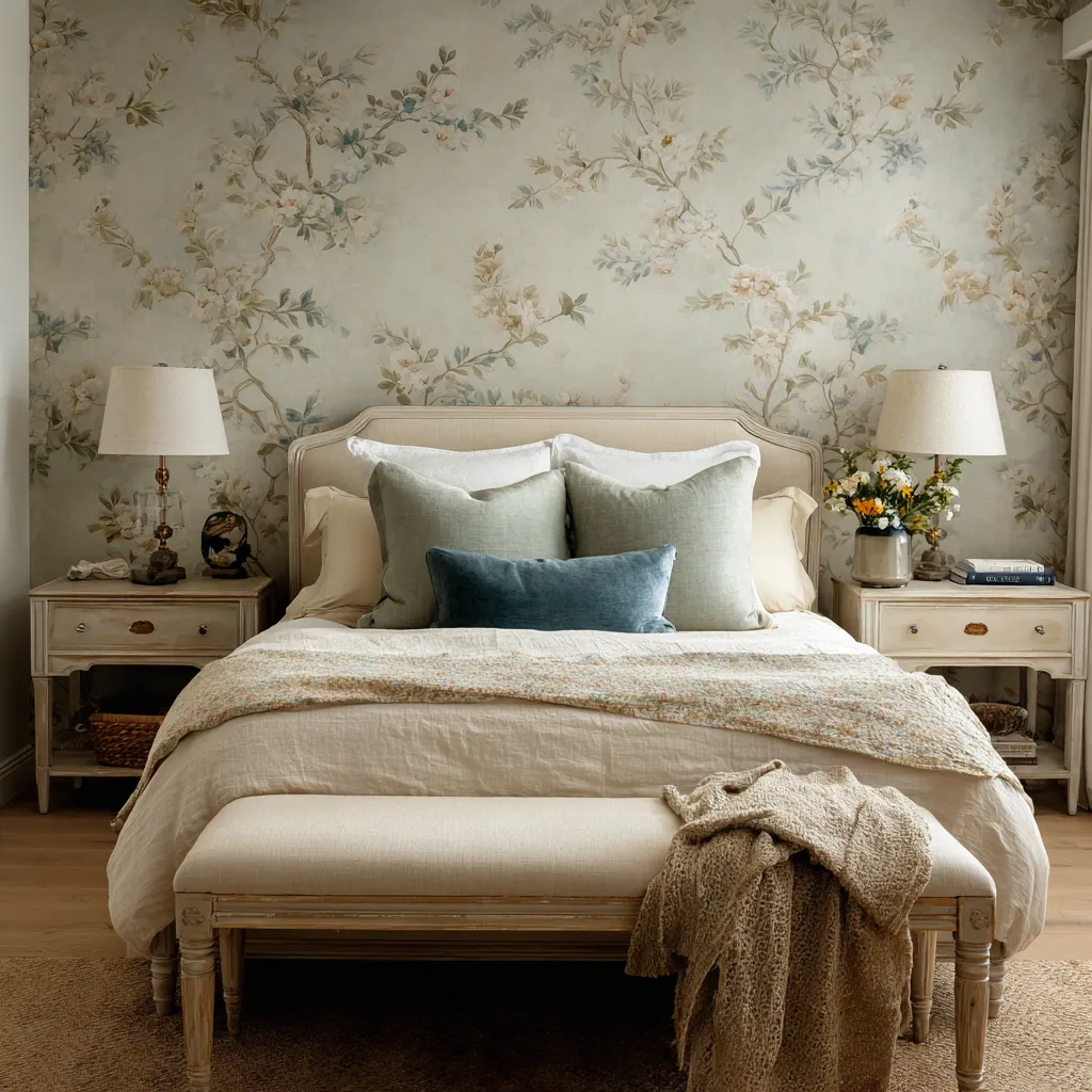 soft green and blue shabby chic bedroom with large floral wallpaper in soft green and blue, pale upholstered headboard, creamy bedding soft green and blue shabby chic bedroom with large floral wallpaper in soft green and blue, pale upholstered headboard, creamy bedding
