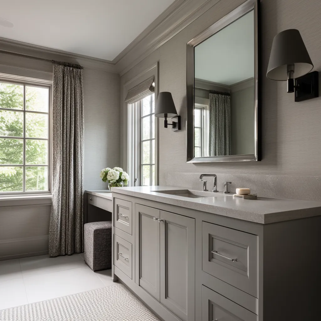 textile-rich Colonial bathroom with a paneled vanity, large framed mirror, textured pale walls, full-length curtains textile-rich Colonial bathroom with a paneled vanity, large framed mirror, textured pale walls, full-length curtains