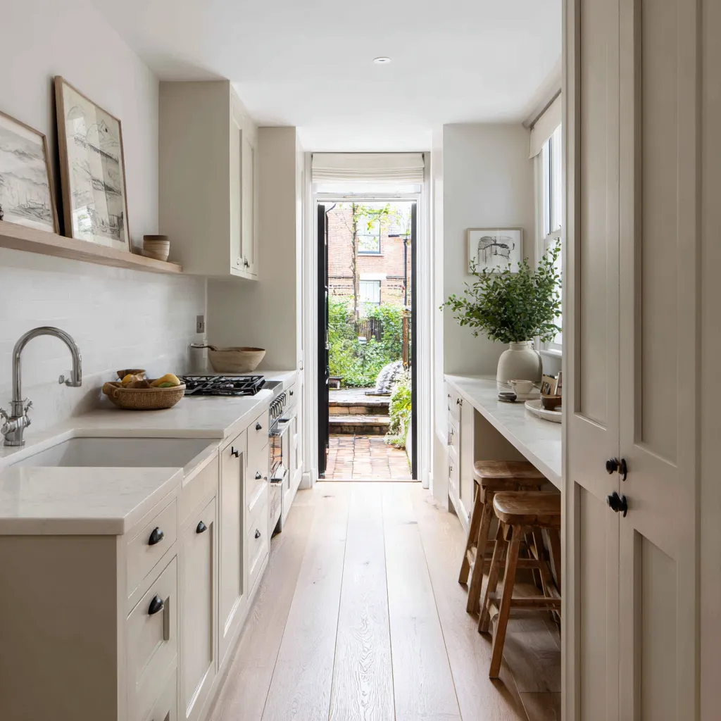 townhouse type galley kitchen with pale cabinetry, a farmhouse-style sink, white tile backsplash townhouse type galley kitchen with pale cabinetry, a farmhouse-style sink, white tile backsplash
