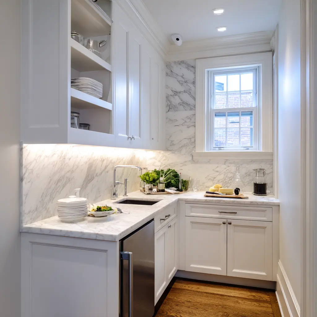 white U-shaped scullery with paneled cabinets, marble-look counters, partial open upper shelf, dark sink, warm under-cabinet light white U-shaped scullery with paneled cabinets, marble-look counters, partial open upper shelf, dark sink, warm under-cabinet light