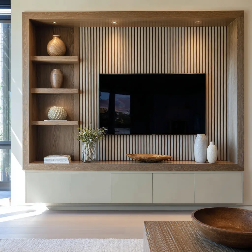 wood framed TV wall with vertical slatted backdrop, open side shelves with ceramics, and pale base cabinetry below wood framed TV wall with vertical slatted backdrop, open side shelves with ceramics, and pale base cabinetry below