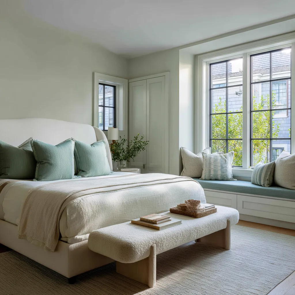 A minimal English country bedroom design idea with deep-set windows, built-in window seat, rounded upholstered bed