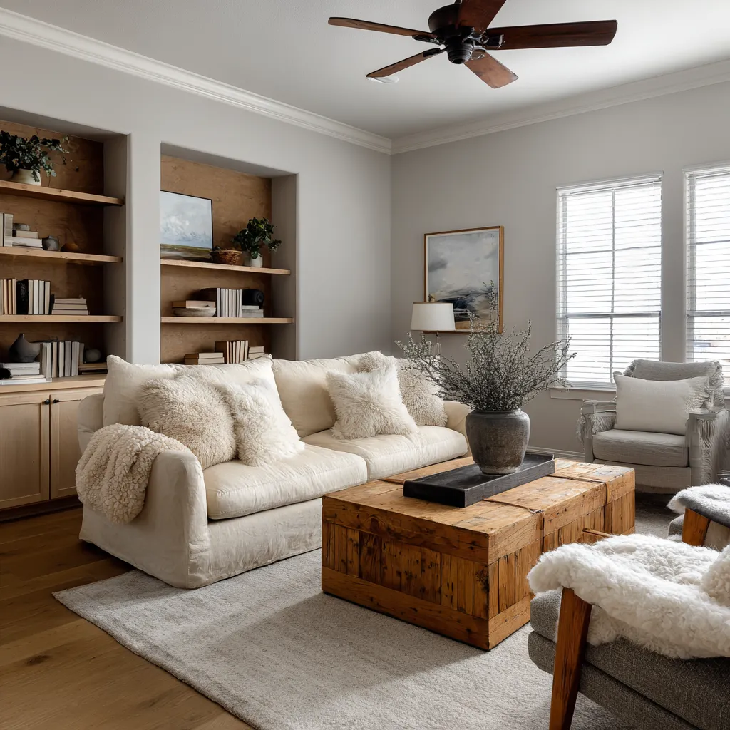 A small suburban living room design in Norwegian-style with recessed wood-backed bookcases, slipcovered sof A small suburban living room design in Norwegian-style with recessed wood-backed bookcases, slipcovered sof