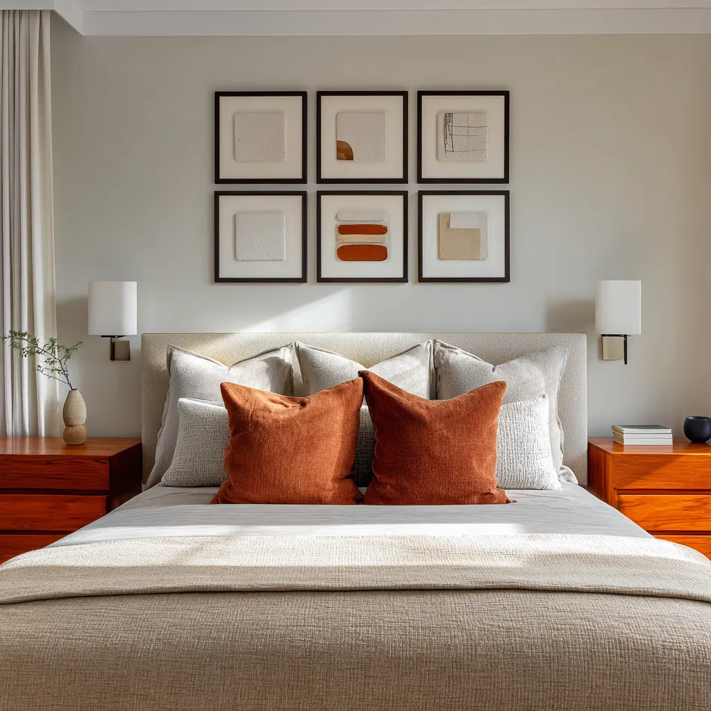 Above the bed art ideas with four pale wood-framed geometric prints in a long horizontal row Above the bed art ideas with four pale wood-framed geometric prints in a long horizontal row