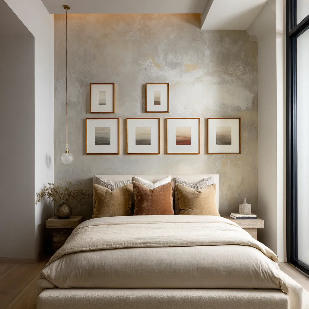 Above the headboard runs a long row of eight small framed artworks, each one abstract, each one measured in scale, and each one spaced with exact discipline Above the headboard runs a long row of eight small framed artworks, each one abstract, each one measured in scale, and each one spaced with exact discipline