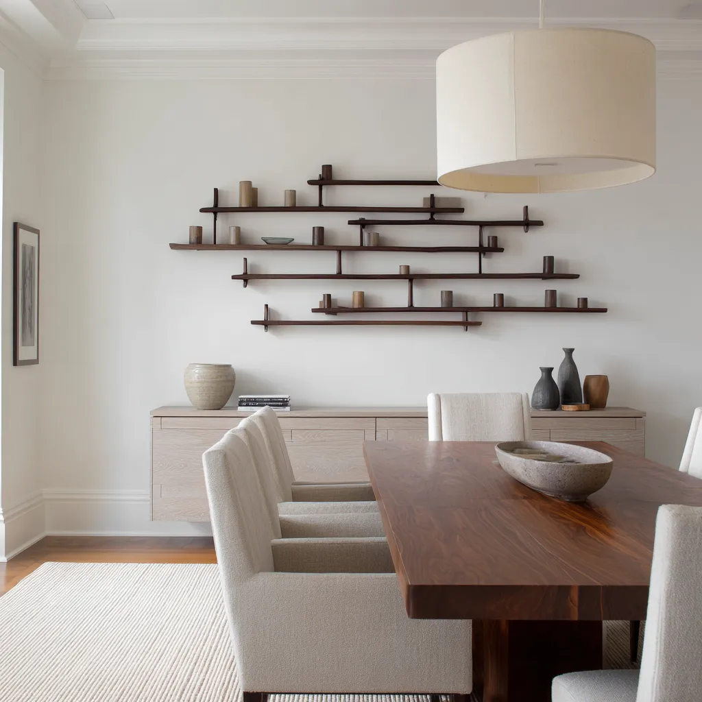 Abstract coastal dining room interior design with dark floating shelves, small ceramic vessels, a pale sideboard, a dark wood table Abstract coastal dining room interior design with dark floating shelves, small ceramic vessels, a pale sideboard, a dark wood table