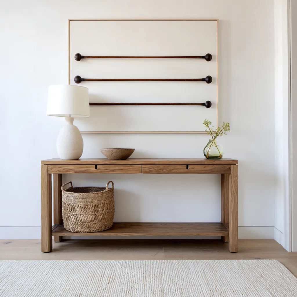 Abstract coastal entryway interior design with large framed panel art, warm wood console, ceramic lamp, glass vase Abstract coastal entryway interior design with large framed panel art, warm wood console, ceramic lamp, glass vase