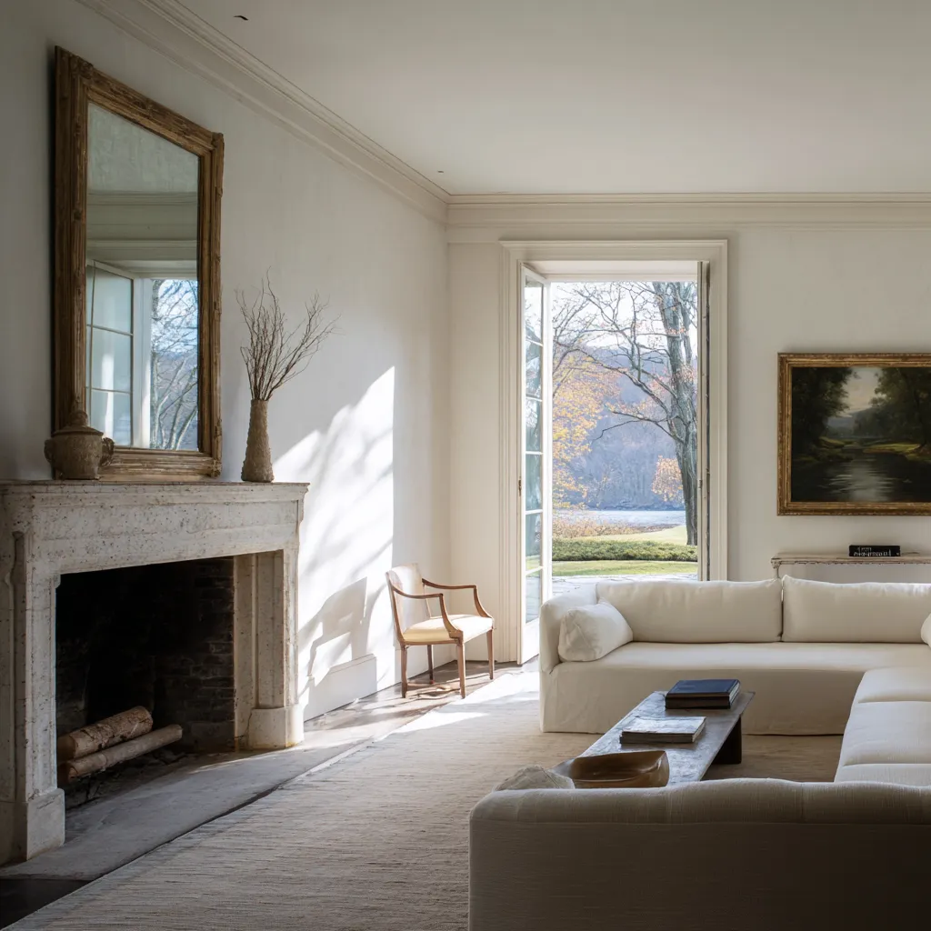 Airy English country living room interior design with a plain stone fireplace, tall antique mirror Airy English country living room interior design with a plain stone fireplace, tall antique mirror