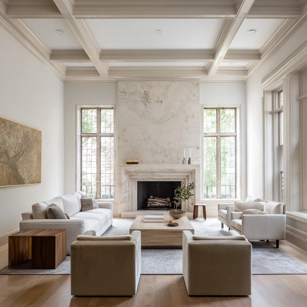 Airy English country old money living room design concept with coffered ceiling, pale marble fireplace wall Airy English country old money living room design concept with coffered ceiling, pale marble fireplace wall