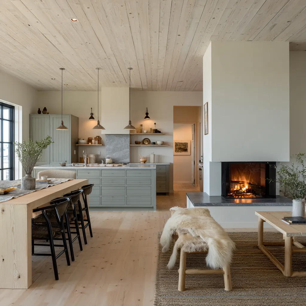 Airy Norwegian open-plan interior design inspiration with pale timber ceiling, freestanding white hearth mass