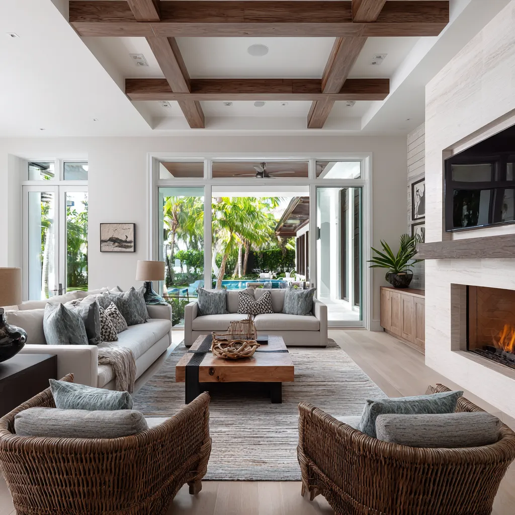 Airy Tropical British colonial living room inspiration featuring a dark beam ceiling, pale masonry fireplace wall Airy Tropical British colonial living room inspiration featuring a dark beam ceiling, pale masonry fireplace wall
