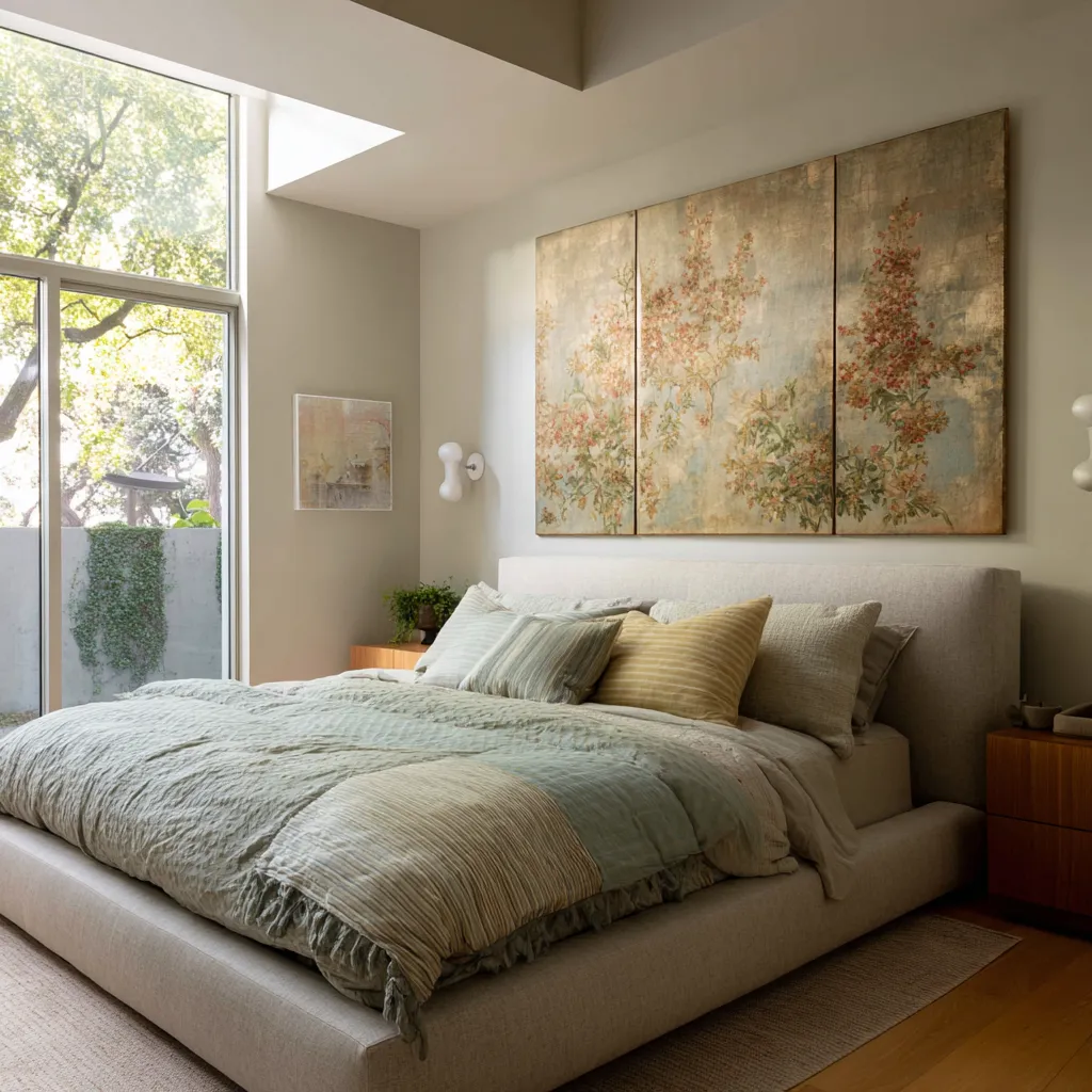 Airy bedroom with a low upholstered bed, striped pillows, triptych botanical wall art, and modern wall sconces Airy bedroom with a low upholstered bed, striped pillows, triptych botanical wall art, and modern wall sconces