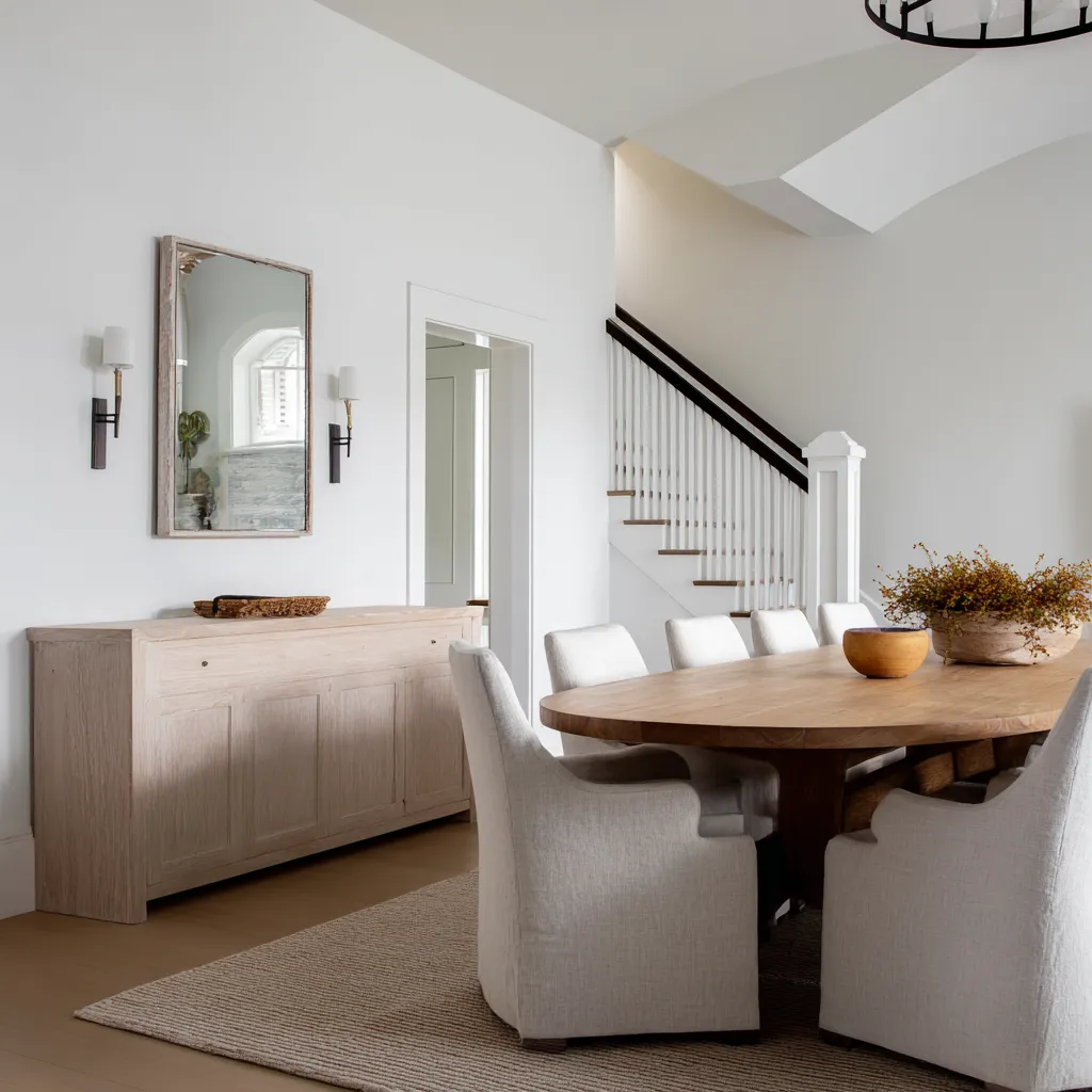 Airy coastal dining room interior design idea with a pale sideboard, aged mirror, oval wood table, woven rug, upholstered chairs Airy coastal dining room interior design idea with a pale sideboard, aged mirror, oval wood table, woven rug, upholstered chairs