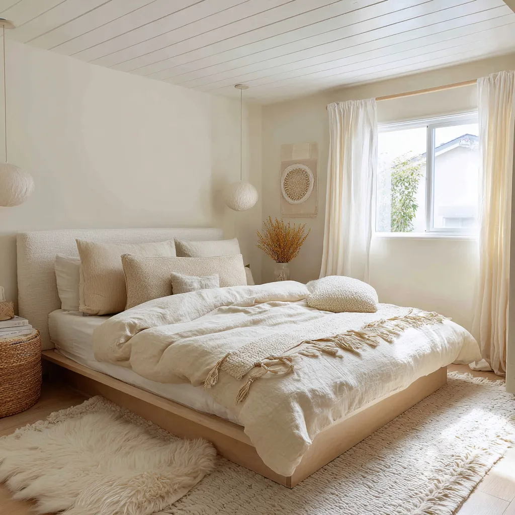 Airy cream-on-cream bedroom with a low bed, tasseled throw, fibrous pendant lights, a woven basket Airy cream-on-cream bedroom with a low bed, tasseled throw, fibrous pendant lights, a woven basket