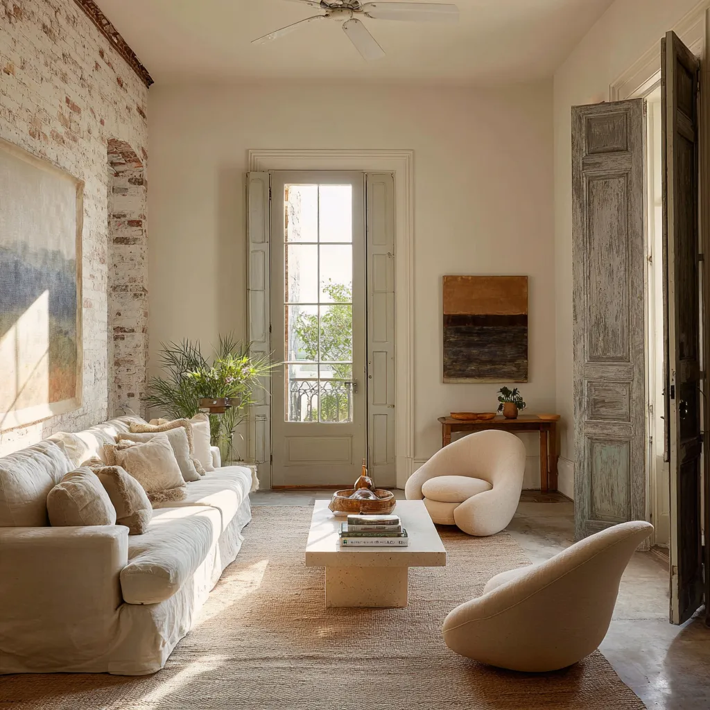 Airy old-building living room with whitewashed brick wall, tall French door with weathered shutters, worn painted door Airy old-building living room with whitewashed brick wall, tall French door with weathered shutters, worn painted door