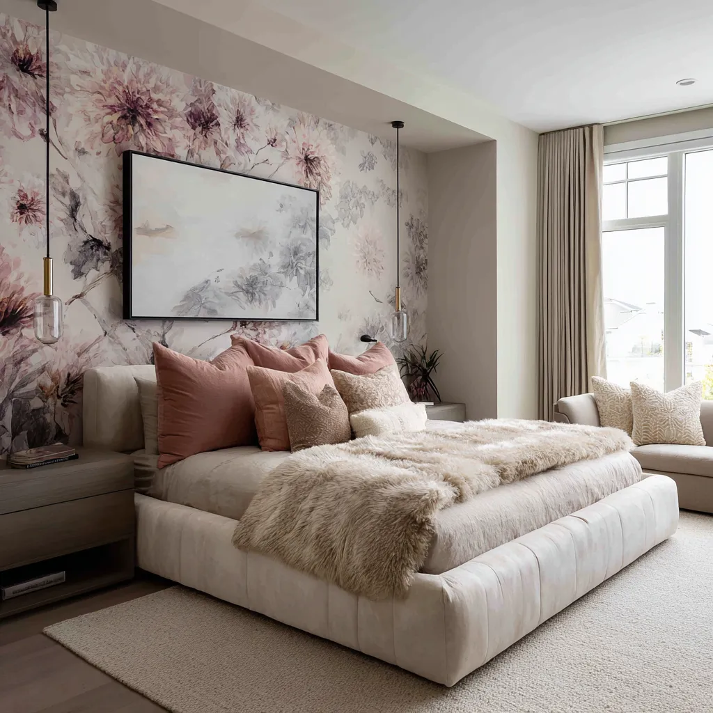 Airy pink maximalist bedroom with a cool blush floral mural in a recessed niche, large abstract art, low cream upholstered bed Airy pink maximalist bedroom with a cool blush floral mural in a recessed niche, large abstract art, low cream upholstered bed