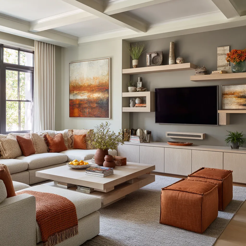 An olive-gray living room with pale oak media wall, cream sectional, rust pillows and ottomans, large abstract canvas, floating shelves An olive-gray living room with pale oak media wall, cream sectional, rust pillows and ottomans, large abstract canvas, floating shelves