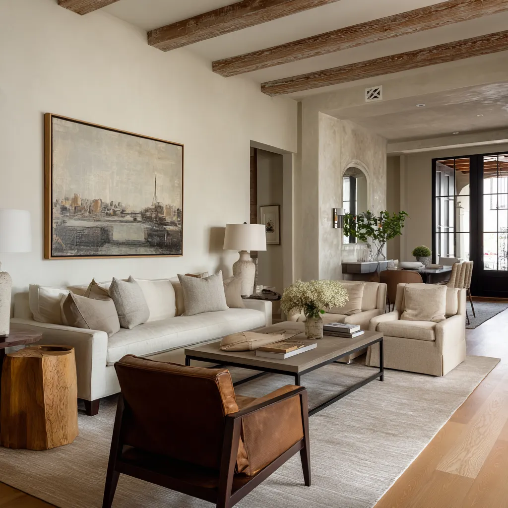 An open-plan room with plaster warmth, exposed beams, and a relaxed Southern-urban balance An open-plan room with plaster warmth, exposed beams, and a relaxed Southern-urban balance