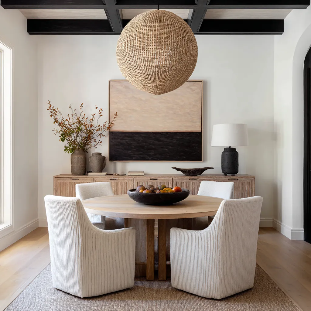 Architectural coastal dining room interior design with dark ceiling beams, a large woven pendant, a two-band abstract artwork Architectural coastal dining room interior design with dark ceiling beams, a large woven pendant, a two-band abstract artwork