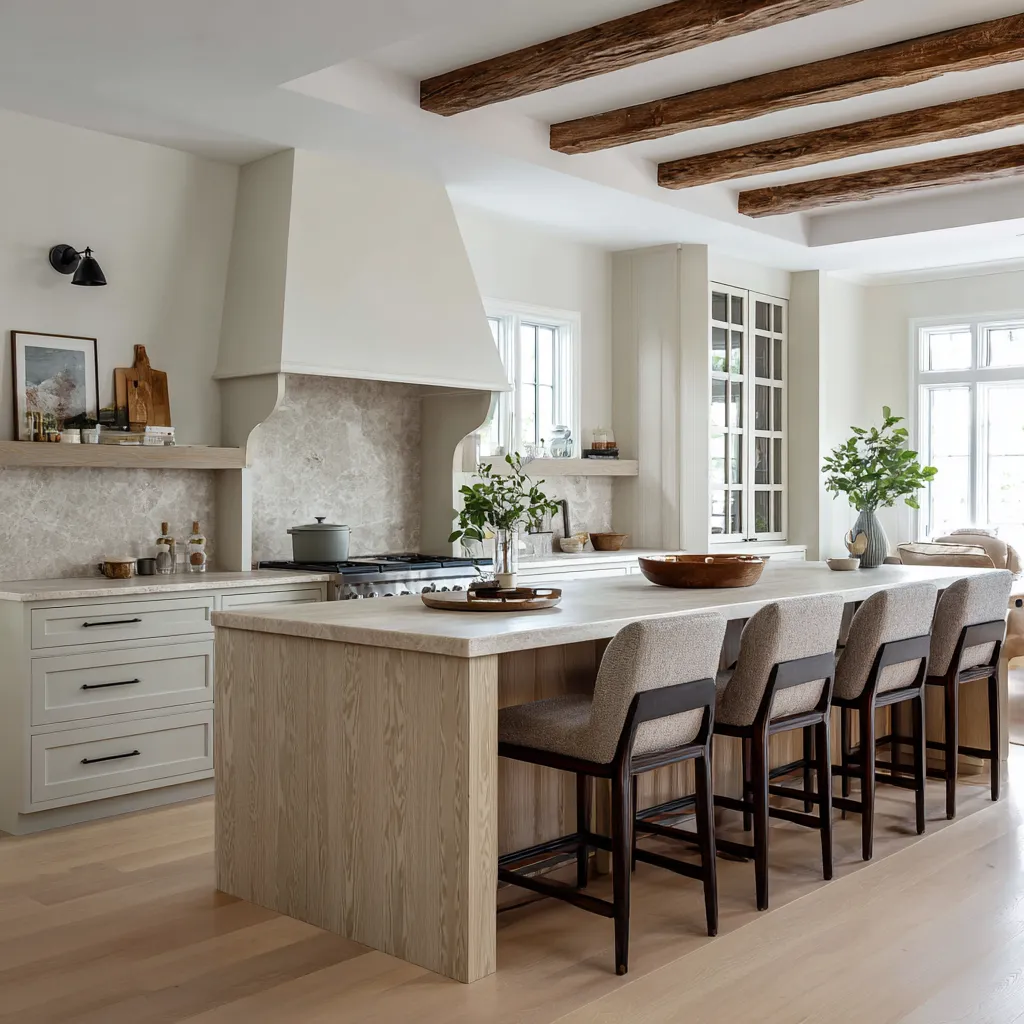 Architectural modern Cape Cod kitchen concept with dark rustic ceiling beams, plaster-like hood, long island Architectural modern Cape Cod kitchen concept with dark rustic ceiling beams, plaster-like hood, long island