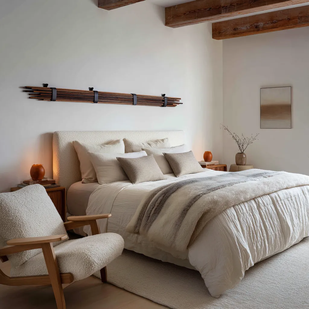 Artisanal beach bedroom ideas with dark rod wall sculpture, exposed ceiling beams, boucle textures, warm clay accents Artisanal beach bedroom ideas with dark rod wall sculpture, exposed ceiling beams, boucle textures, warm clay accents