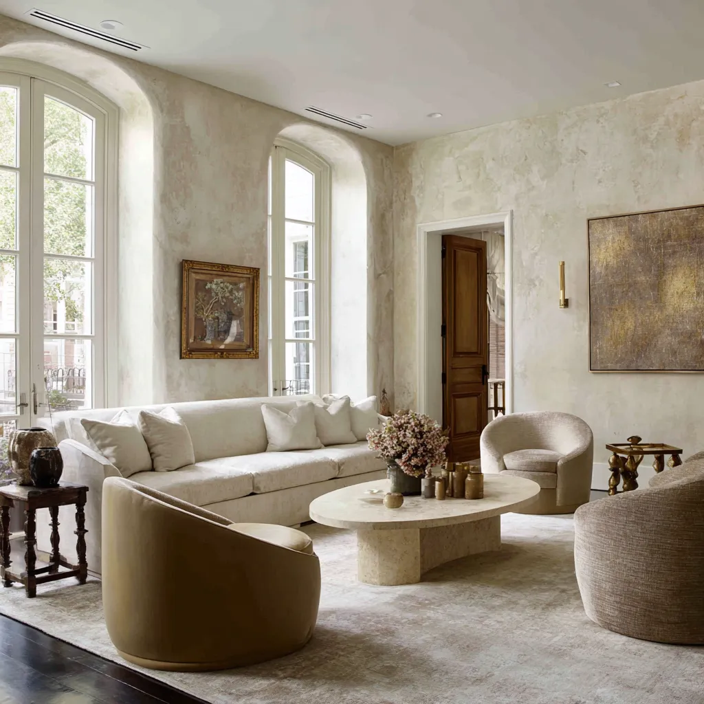 Atmospheric New Orleans living room ideas with mineral plaster walls, arched window recesses, pale sofa, rounded chairs Atmospheric New Orleans living room ideas with mineral plaster walls, arched window recesses, pale sofa, rounded chairs