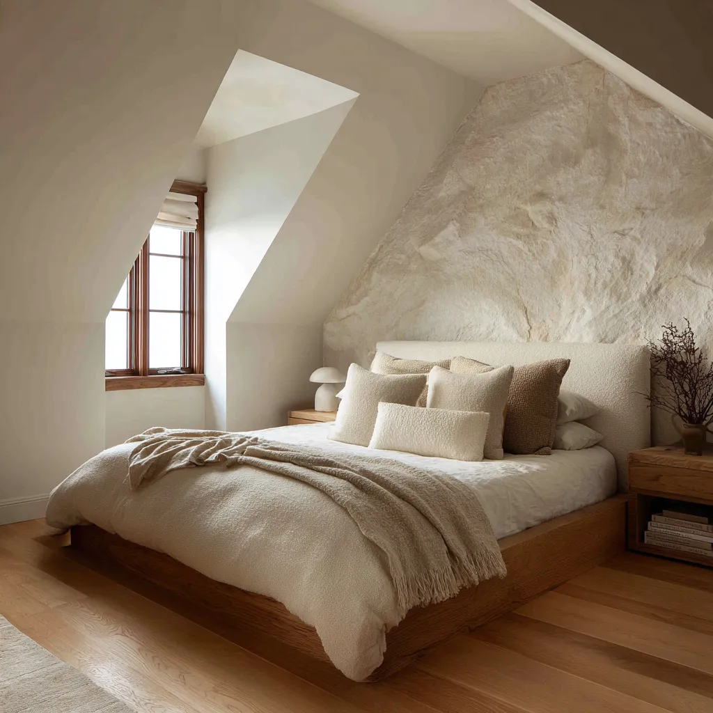 Attic bedroom with a low bed, dramatic textured wall rising into a sloped ceiling, skylight, warm wood trim Attic bedroom with a low bed, dramatic textured wall rising into a sloped ceiling, skylight, warm wood trim