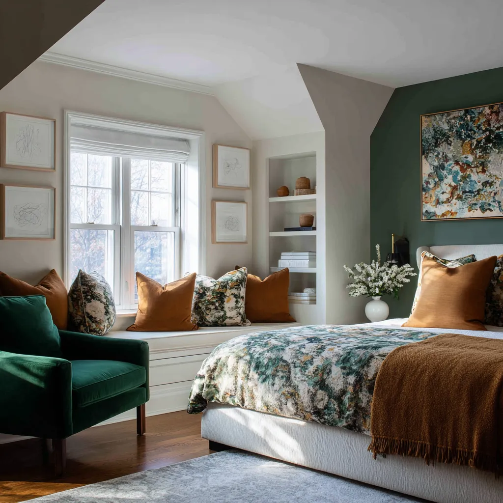 Attic maximalist eclectic bedroom with a dark petrol-green bed wall, painterly floral bedding, caramel throws and cushions, an emerald velvet chair Attic maximalist eclectic bedroom with a dark petrol-green bed wall, painterly floral bedding, caramel throws and cushions, an emerald velvet chair