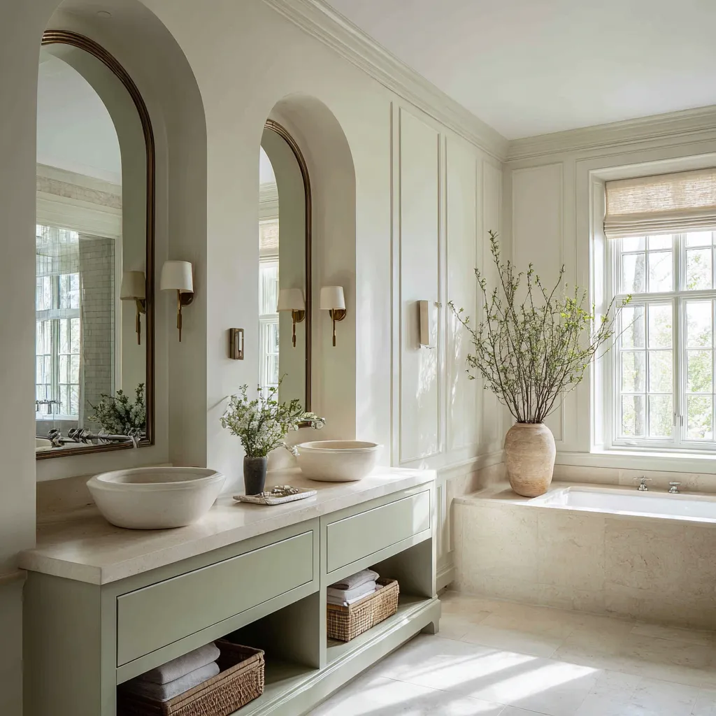 Attractive English country bathroom decorating ideas with arched mirror recesses, pale green vanity, vessel basins