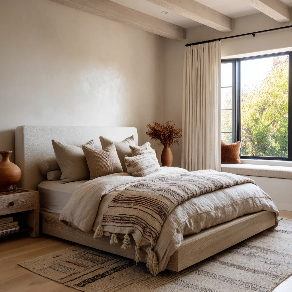 Balanced boho Scandinavian bedroom with light exposed beams, a pale wood platform bed, a black-framed window Balanced boho Scandinavian bedroom with light exposed beams, a pale wood platform bed, a black-framed window