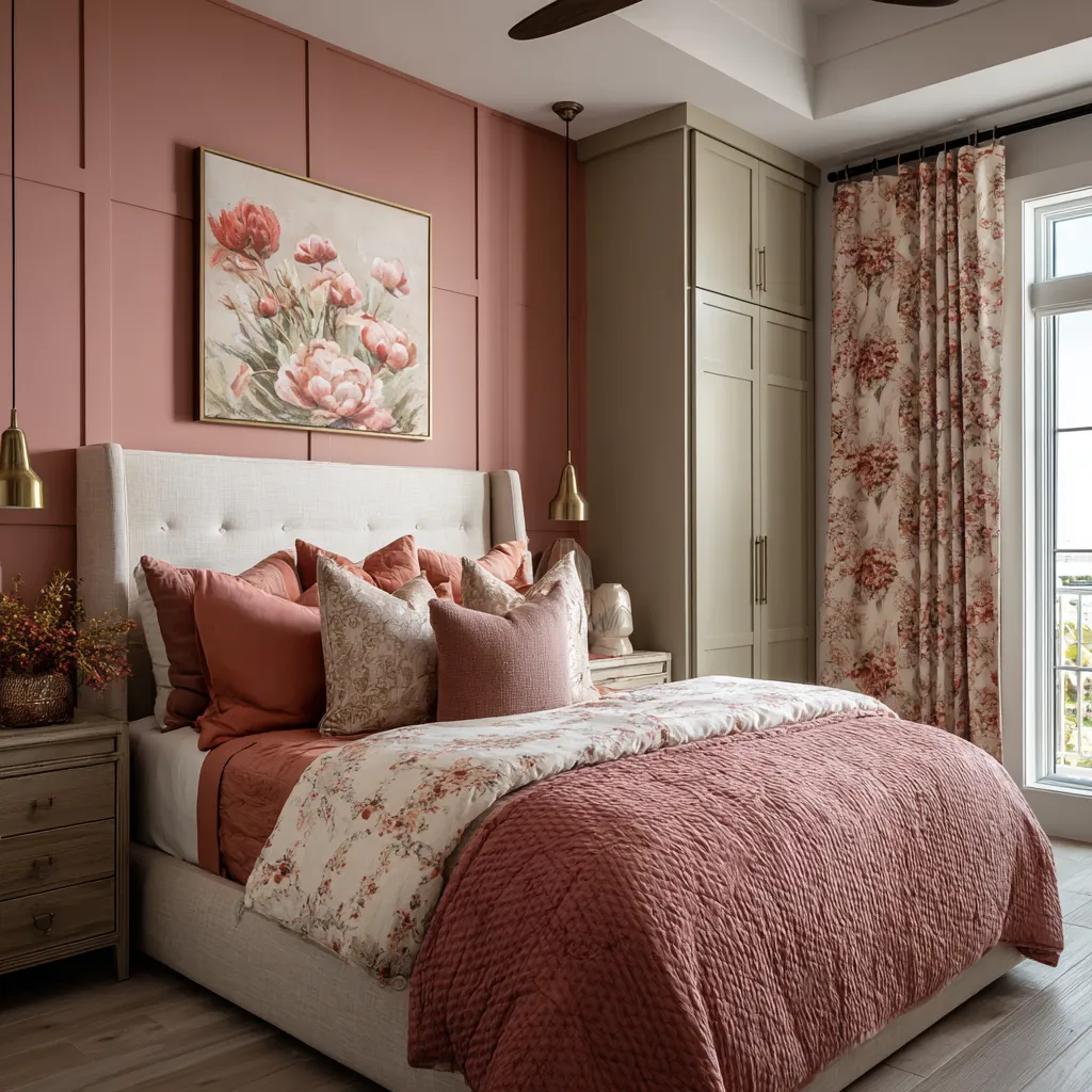 Balanced pink maximalist bedroom with a clay-rose paneled wall, pale upholstered bed, layered rosy bedding, floral curtains Balanced pink maximalist bedroom with a clay-rose paneled wall, pale upholstered bed, layered rosy bedding, floral curtains