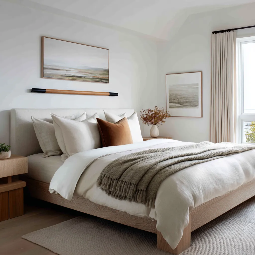 Beach style bedroom interior with pale wood bed frame, soft landscape art, oar-like wall accent, gray throw Beach style bedroom interior with pale wood bed frame, soft landscape art, oar-like wall accent, gray throw