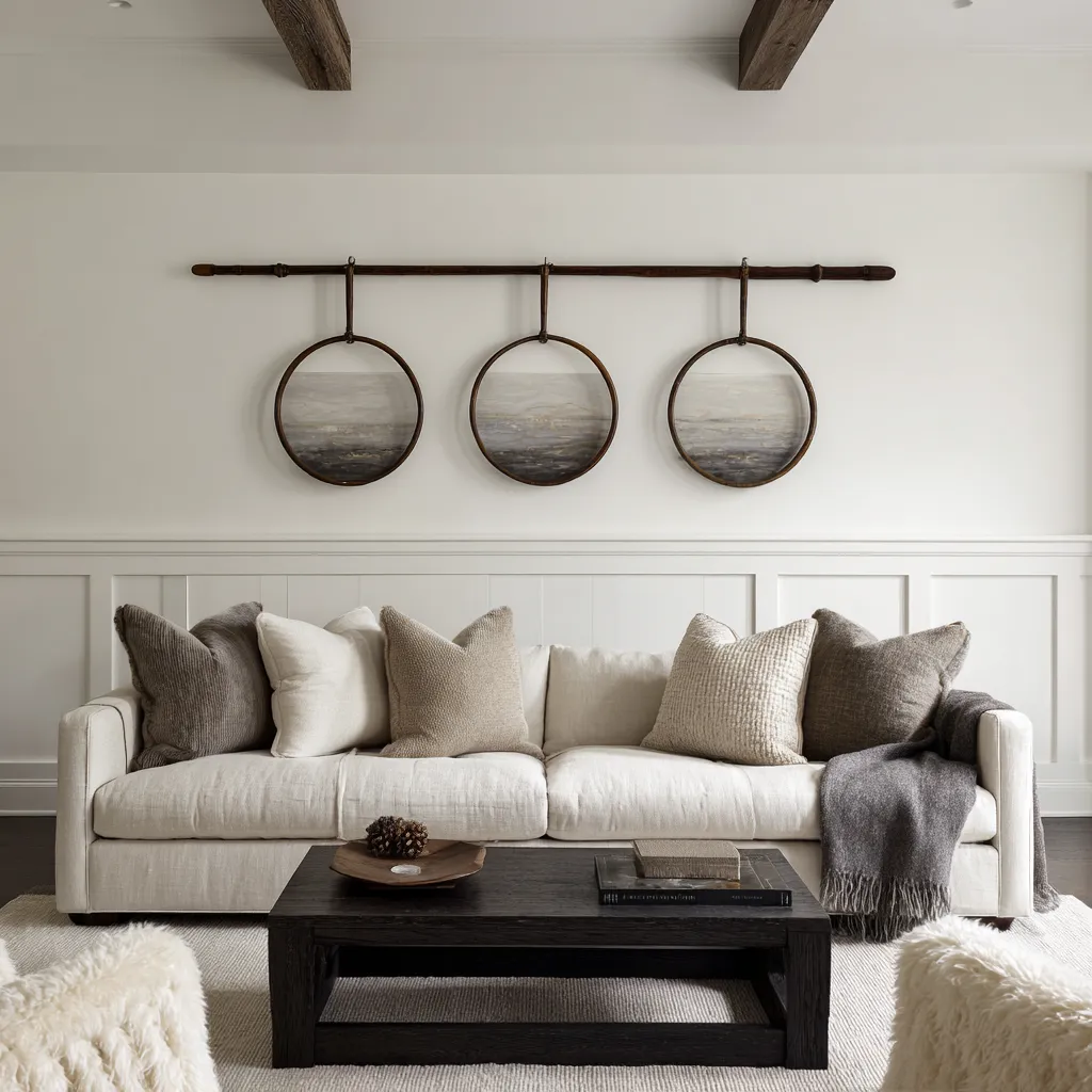 Beach theme living room interior design idea with three round wall art pieces on a dark rod above a pale sofa, sand and charcoal pillows