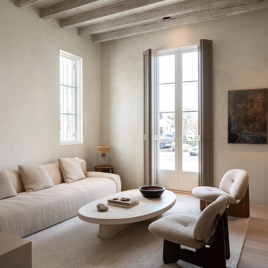 Beam-softened simplicity and the quieter side of New Orleans influence in a living room design ideas Beam-softened simplicity and the quieter side of New Orleans influence in a living room design ideas